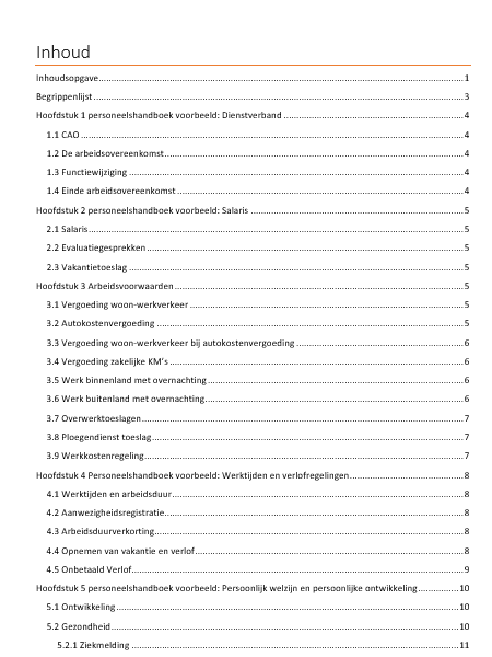 Personeelshandboek voorbeeld inhoudsopgave