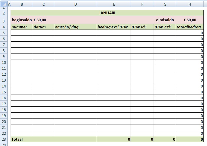 Boekhoudprogramma Excel Kas